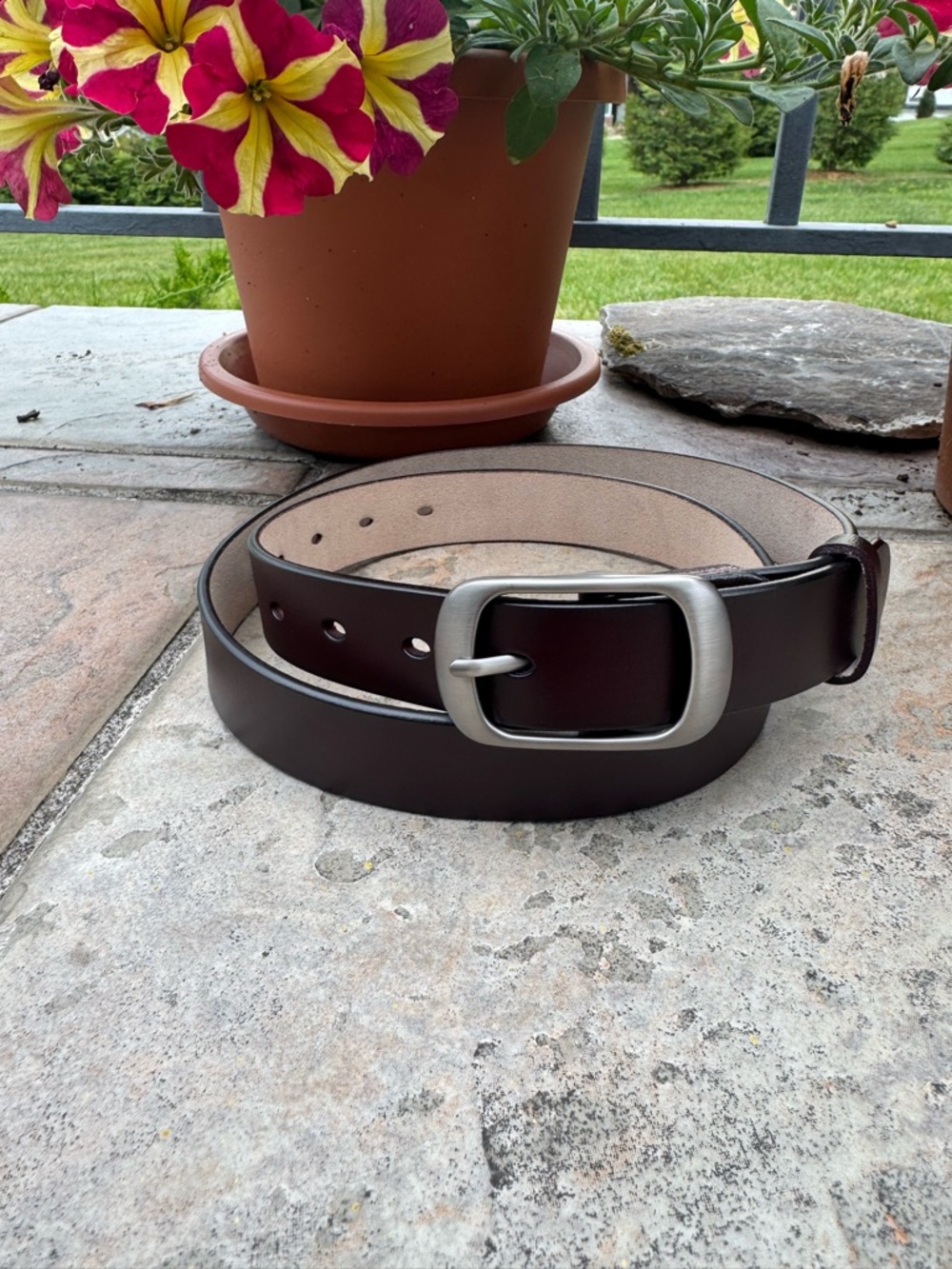 Women's Classic Dark Brown Leather Belt with Brushed Silver Buckle 46 inches